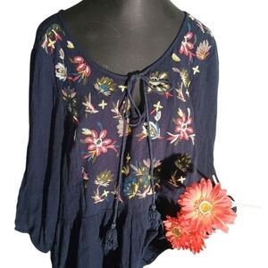 Forgotten grace Embroidered Floral  Navy Boho Blouse